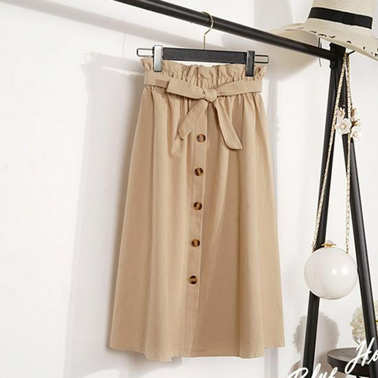 Literary High-Waist Buttoned A-Line Midi Skirt