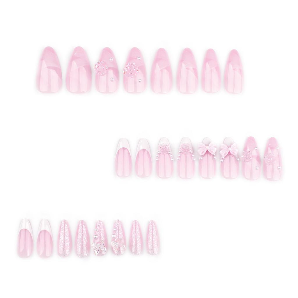 24 Pcs White French Tip Press On Nail Almond Shape Acrylic Nail Flowers Full Cover Stick On Nail 3D Bows False Nail