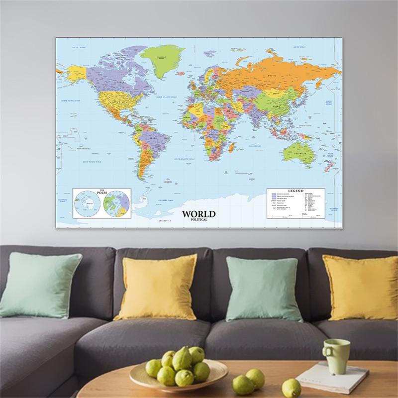 World Map Poster with Country Name Wall Art Decorative Painting Travel School Supplies Classroom Home Decor No Framed
