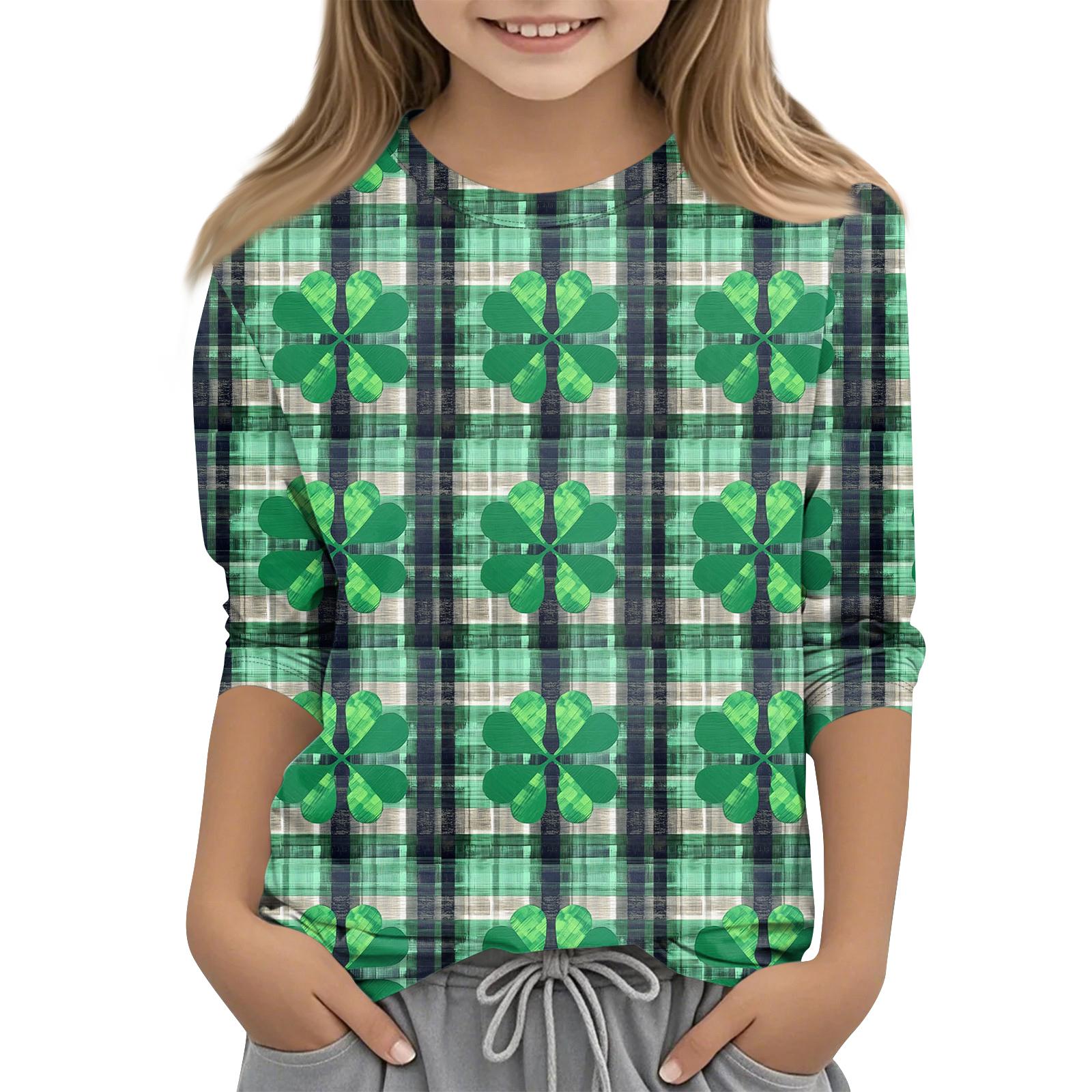 

улица. Топы с принтом ко Дню Святого Патрика для девочек-подростков 4-11 лет, футболки с круглым вырезом и рукавами 3/4, модные топы, футболки для наряда 160