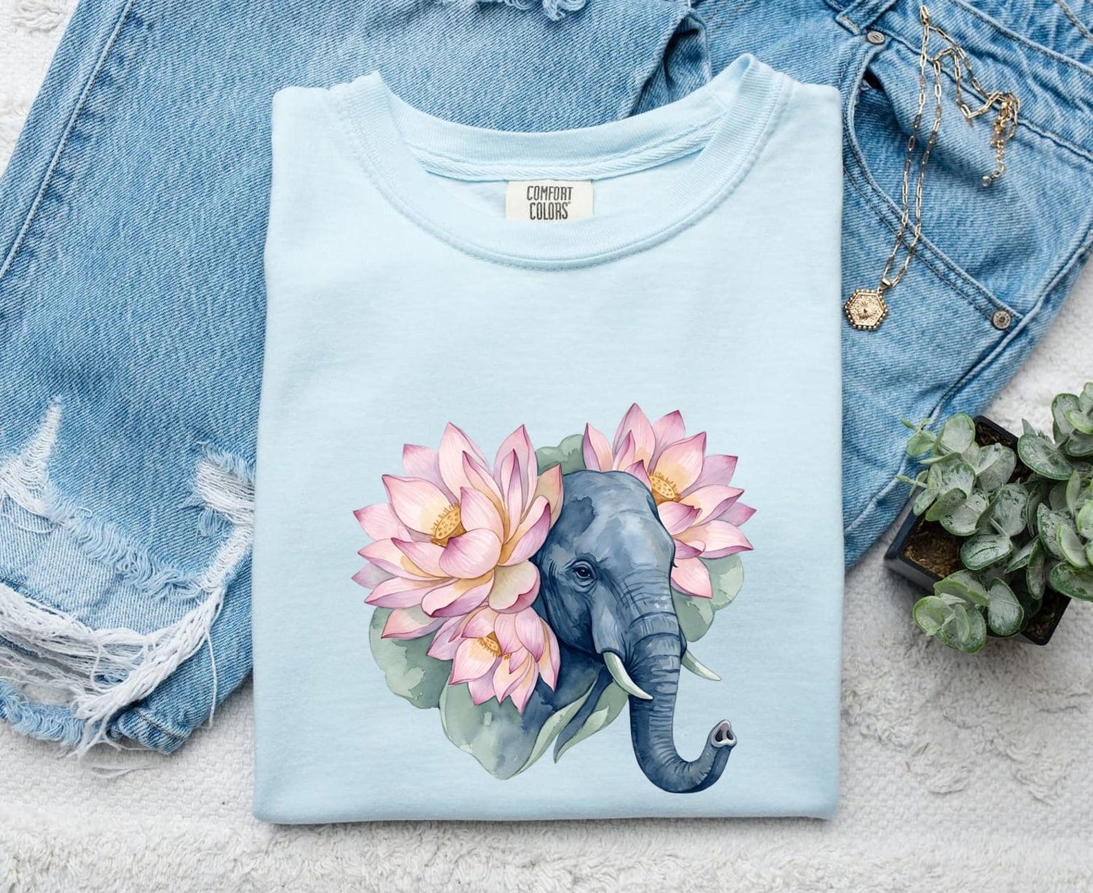 Elephant Lotus Shirt Animals Nature Gift Women Watercolor Tee Pachyderm T-Shirt Wildlife Fan Aquarelle Tshirt Environment Graphic Boho XL