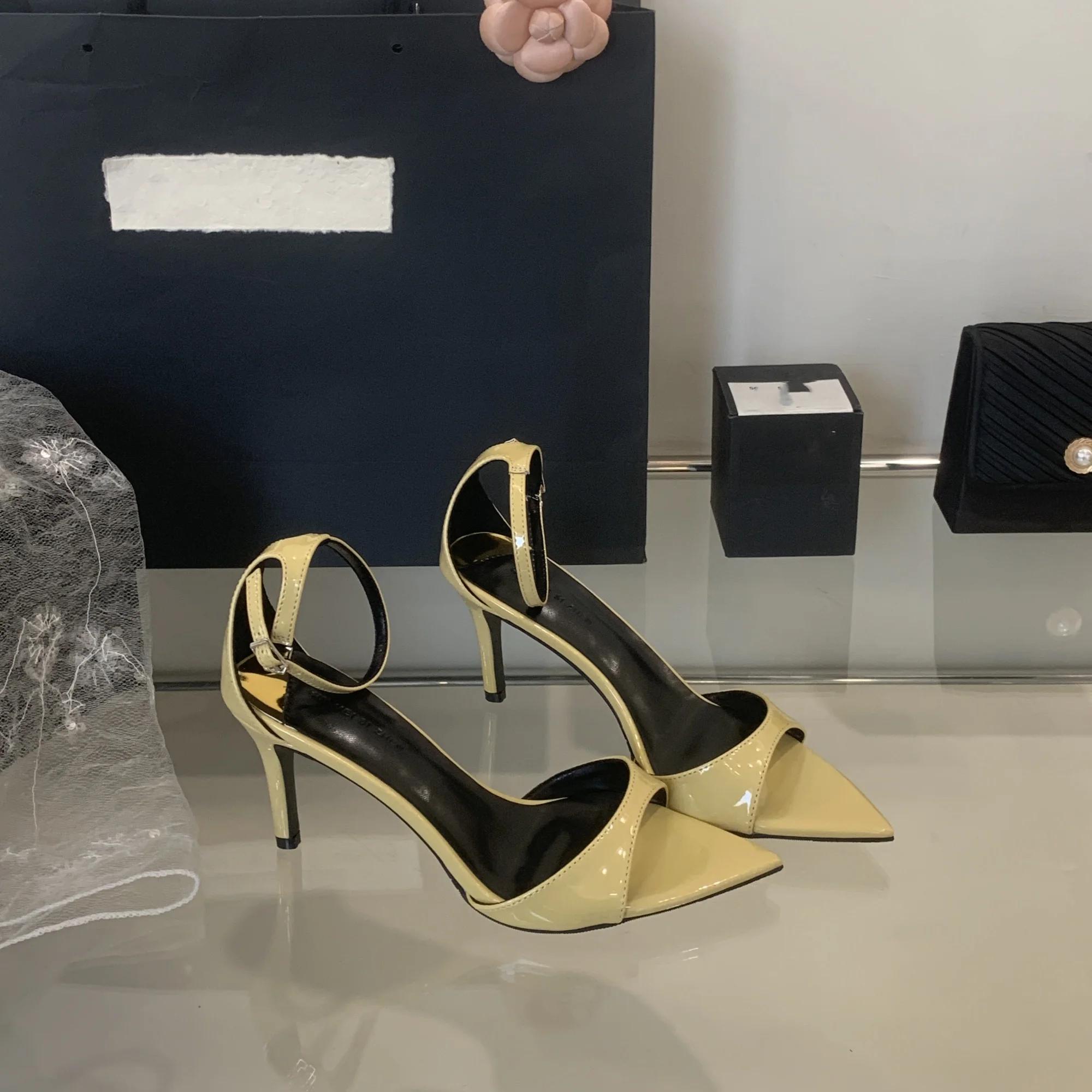 

Fashion 2025 Summer Fashion Sexy Women Pointed Toe Patent Leather Buckle Party Wedding High Heeled Sandals 40 жёлтый