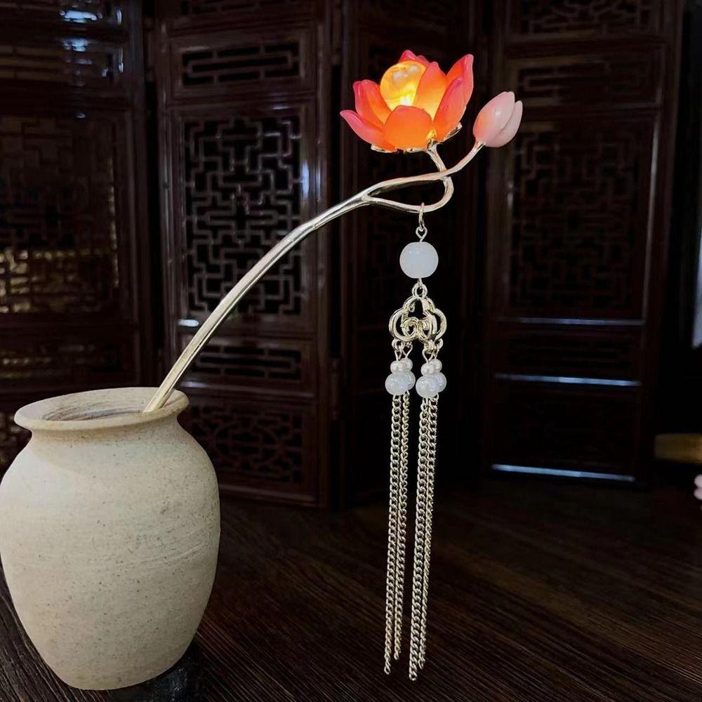 Zinc Zinc Alloy Lantern Hairpin Flower LED Light Hair Fork Lotus Tassel Hair Stick  Women