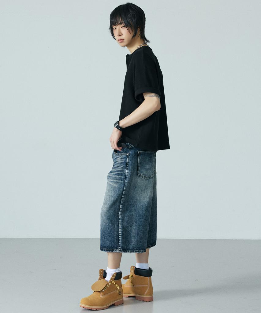 LXT Waffle Henley Neck Crop Short Sleeve T-Shirt [Black]