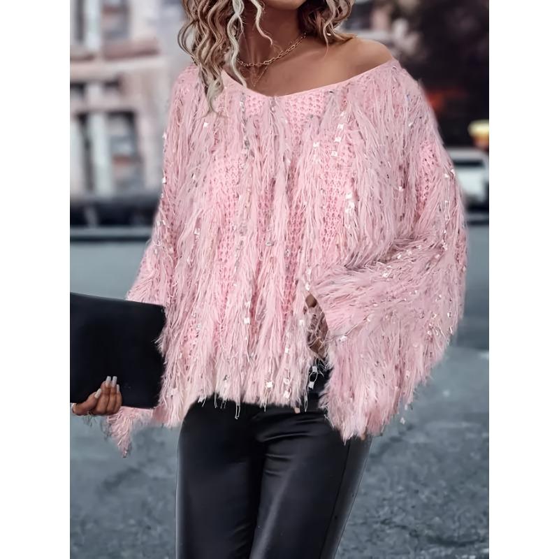 Women's Long Sleeve V-Neck Tassel Sweater, Fashionable Casual Pullover
