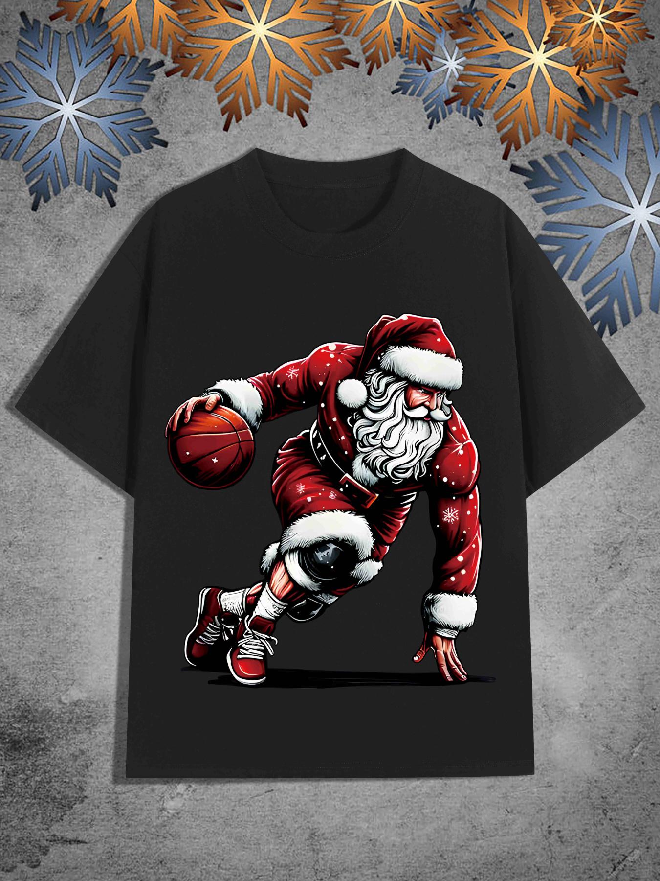 Men s Christmas Basketball Santa Claus Graphic T-Shirt - Casual Fashion Crew Neck Short Sleeve XXXL