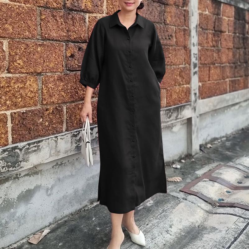 ZANZEA Women Casual Turn Down Collar Loose 3/4 Sleeve Solid Shirt Dress