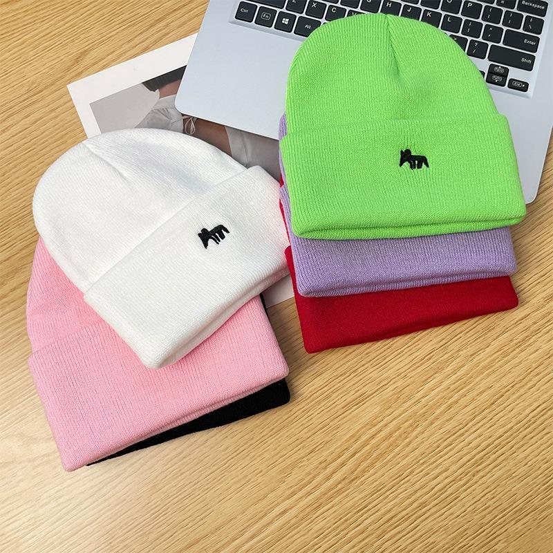 Embroidered Fox Wool Hat for Men, Small Face In Autumn and Winter, Warm Ear Protection, Knitted Hat, Fashionable Versatile Melon Fur Hat for Women