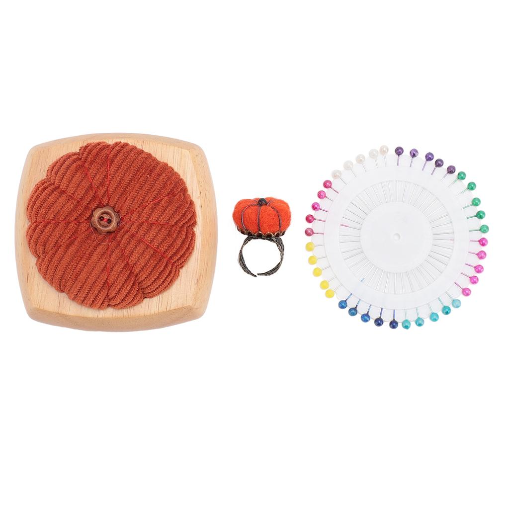 Pin Cushion Kit Cute Pumpkin Shape Pin Cushion Wooden Base with Finger Ring Pincushions Sewing Pins