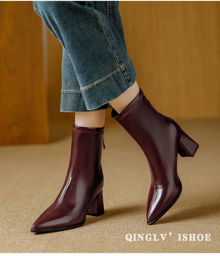 Winter 2025 Fashion: Women's Pointed Toe Chunky Heel Ankle Boots - Soft Leather, Comfy, Elastic Fit with Back Zipper