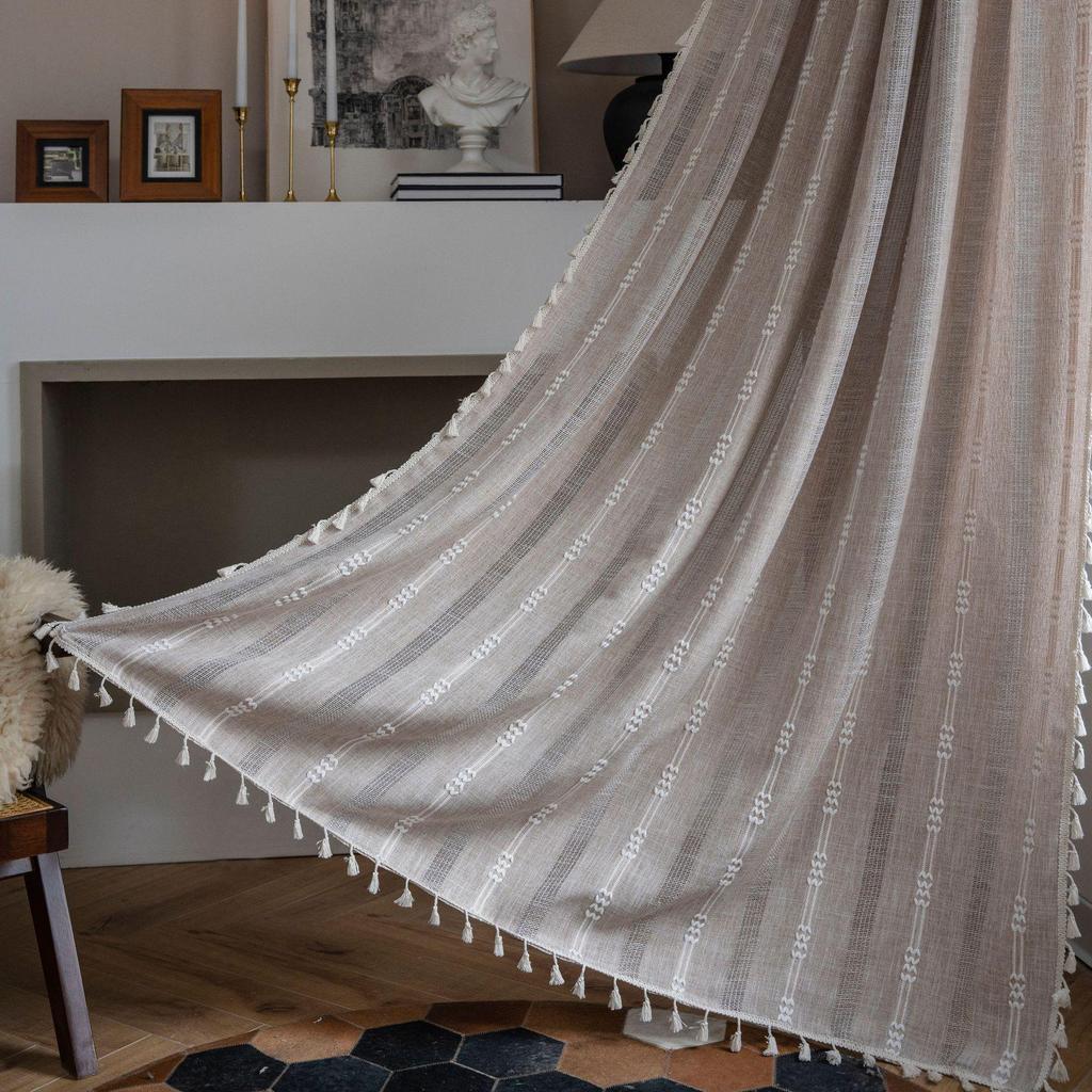 Imanqi Yun Semi-Blackout White Striped Embroidered Curtains for Kitchen & Living Room Windows