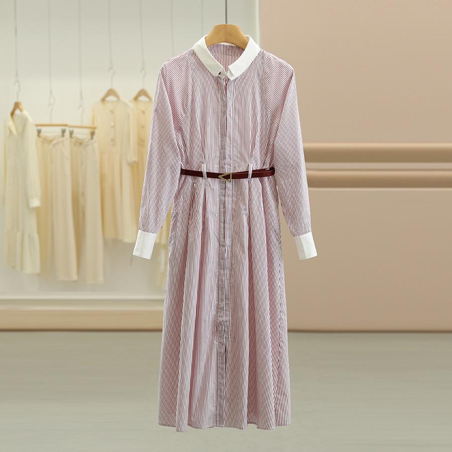 

Aussido 100% Cotton Striped Color Block Dress with Turn-Down Collar - Autumn Collection XS