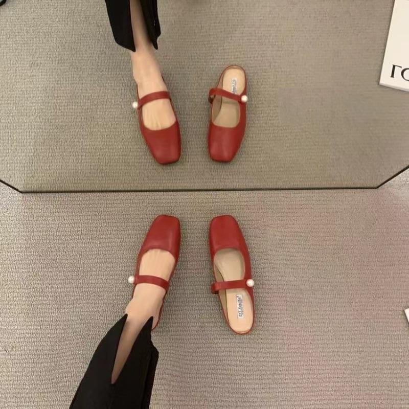 Fashion Women Slippers Fashion Flats Brand Design Square Toe Ballet Casual Basic Buckle Strap Female Dress Spring Autumn Pearl Shoes