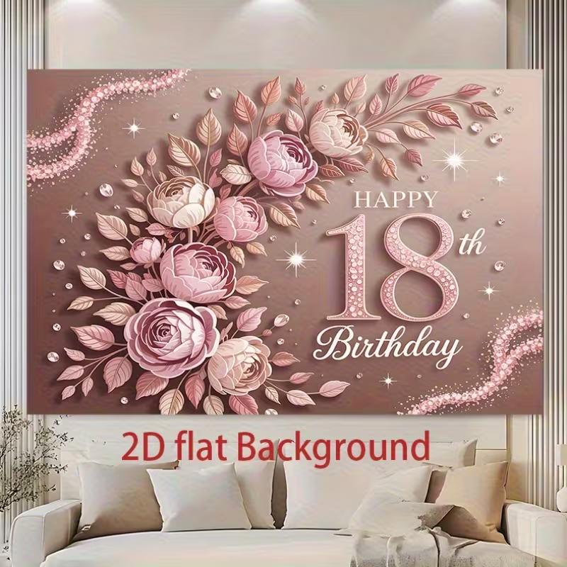 2D Pink Rose 18th Happy Birthday Backdrop 210x150cm Party Banner