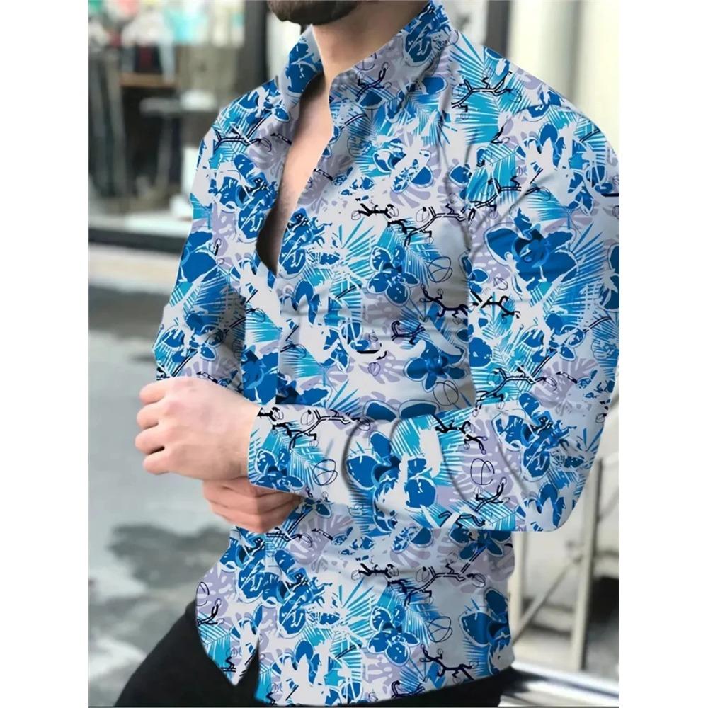Bedrucktes Herren-Langarmhemd für Frühling und Herbst, lässig-elegant, mit floralem Muster, hochwertige Verarbeitung, Reverskragen