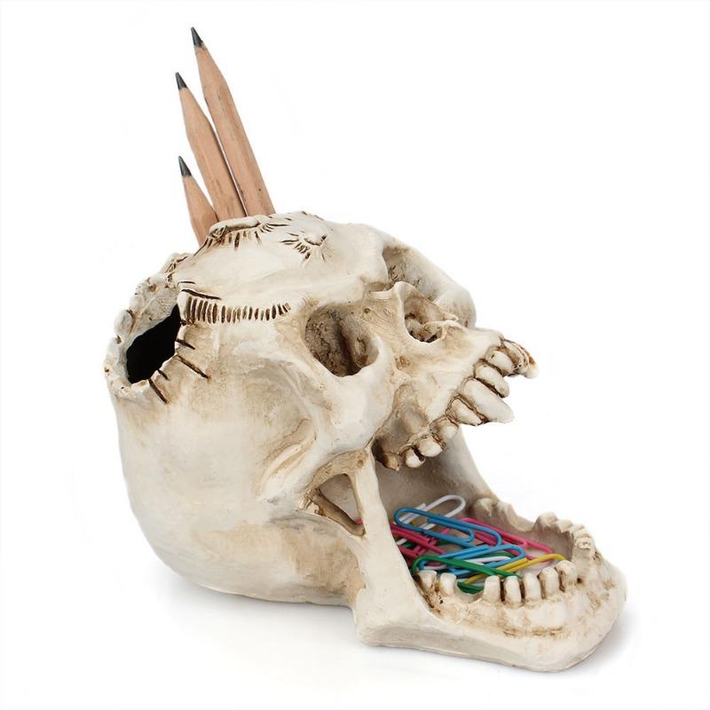 Skull Pen Holder Makeup Brush Holder Skull Pencil Organizer Pot Spooky Goth Decorations Skull Key Holder Trick or Treat Decor