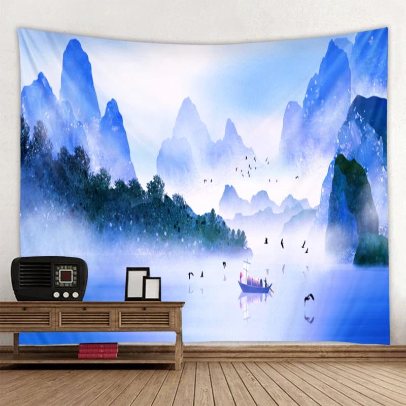 Beautiful Mountain Landscape Ink Painting Tapestry Art Decor Blanket Curtain Hanging At Home Bedroom Living Room Decoration
