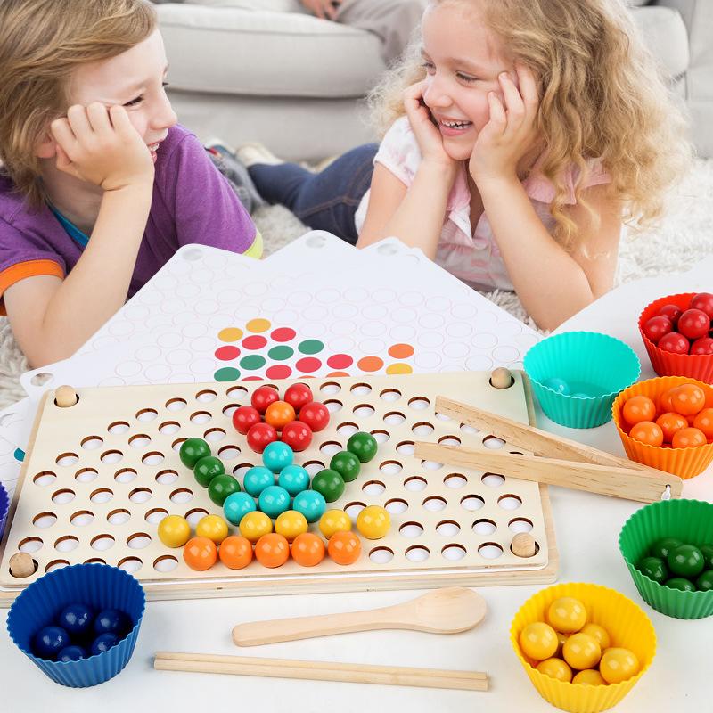 Wooden Rainbow Clip Beads Training Color Classification Concentration Toys Toddler Montessori Learning Game
