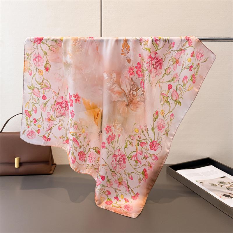 Floral Print Silk Square Scarf Women Neckerchief Female Foulard Headscarf Hijab Bandana Soft Hand Bag Ribbon Decorate Neck Ties