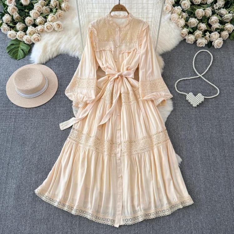 Korean Fashion Elegant Retro Lace Puff Sleeve Long Dress Solid Color Single Breasted Ruffles Bow Autumn Women Dress