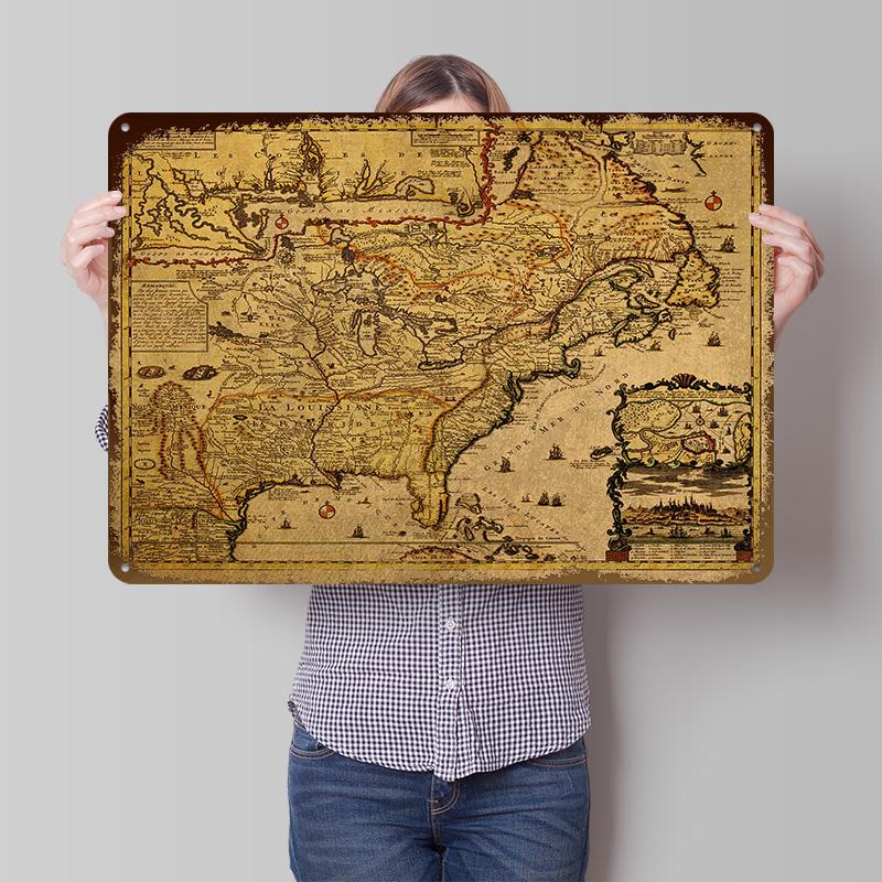Vintage Map French America Metal Poster Customized Wall Art Retro Vintage Tinplate Signs for Room Decorating Interior Desk Decor