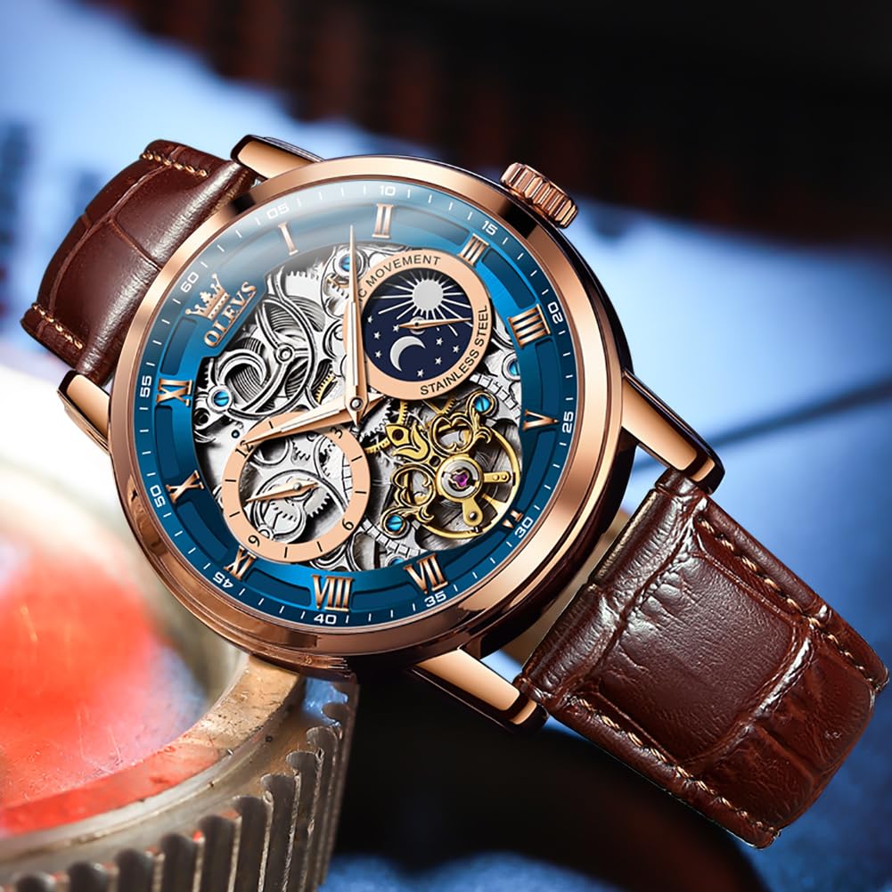 OLEVS Mechanical Automatic Manual Winding Leather Fashion Watch Leather Skeleton Moon Phase Luminous Moon Waterproof Watch for Men Blue Men's & Men's