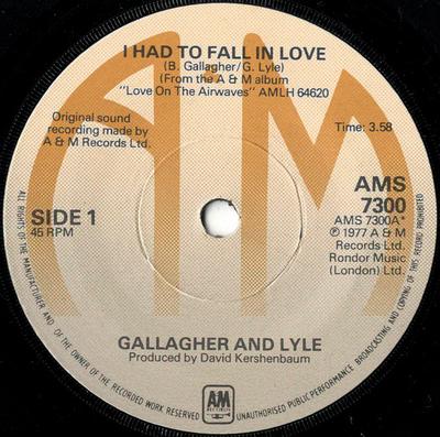 7inch Record GALLAGHER & LYLE - I Had To Fall In Love AMS7300 A&M Records 1977 UK Pop Used