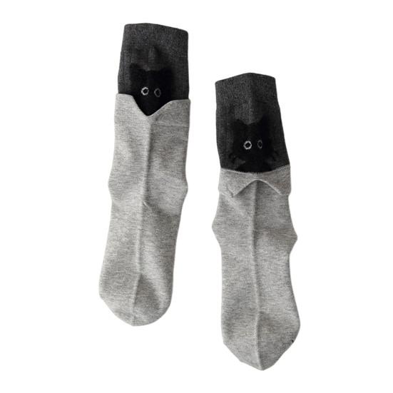 1 Pair Cartoon Cat Socks Autumn Winter Moisture Wicking Knitted Mid-calf Stretch Men Women