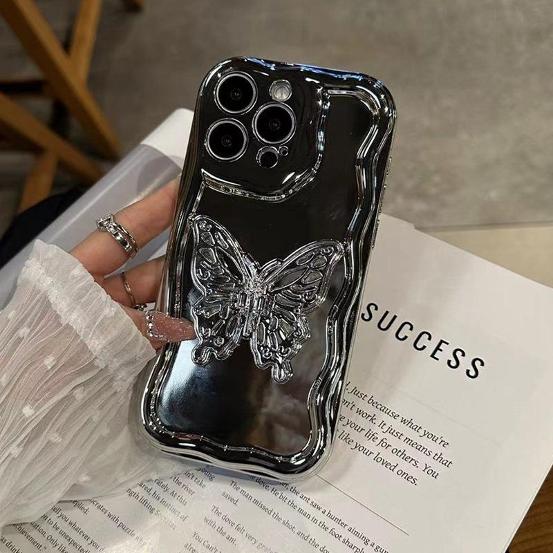 Applicable to Apple 17 mobile phone case three-dimensional silver butterfly iPhone16promax electroplating fashion style women's bracelet