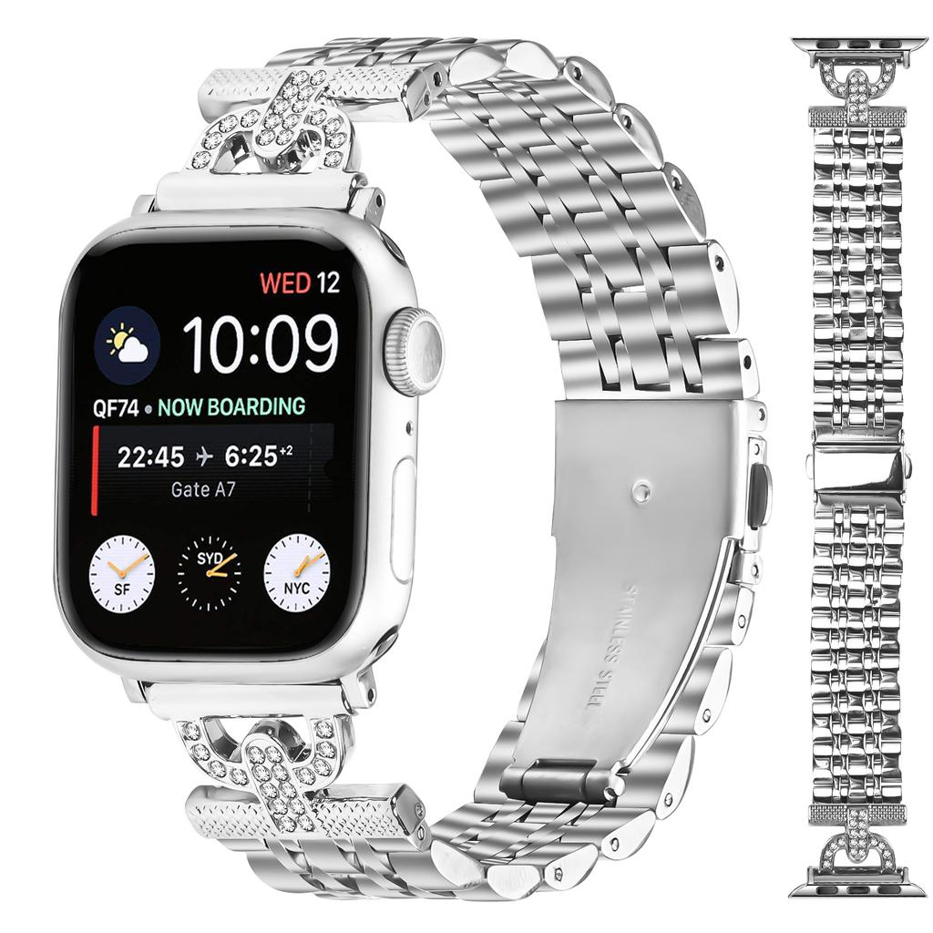 Watch Band for Apple Watch Series 11 10 42mm/9 8 7 41mm/SE3 SE2 SE 6 5 4 40mm/3 2 1 38mm Rhinestones Decor Silver Stainless Steel Strap