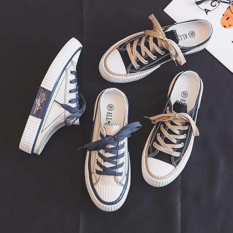 Biscuit shoes women's half-drag canvas shoes new versatile lazy shoes one pedal no heel white shoes tide