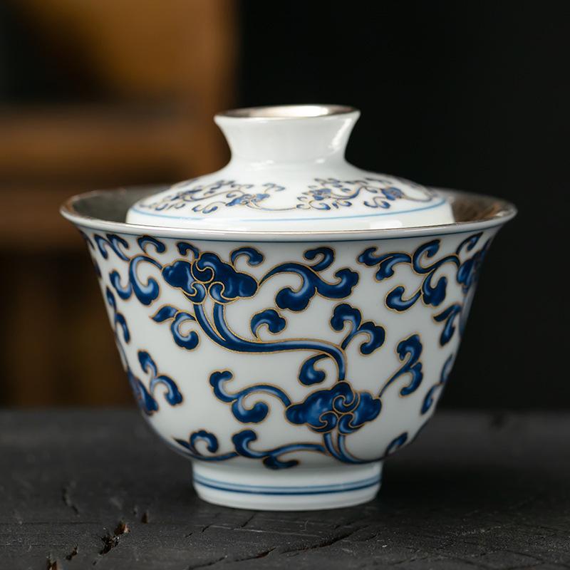 160ml Handamde Gilded Silver Gaiwan Jingdezhen Blue And White Porcelain  Tea Tureen Tea Maker Cover Bowl Teaware Collection Gift