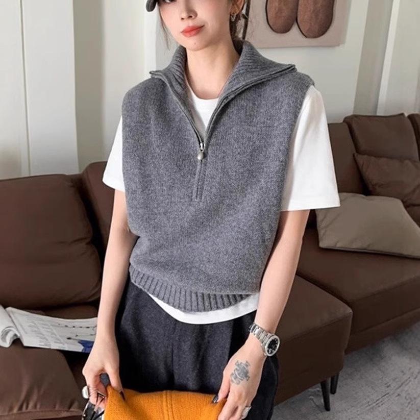 Slack retro half zipper sleeveless knitted vest chic stacked foreign style age-reducing top casual vest