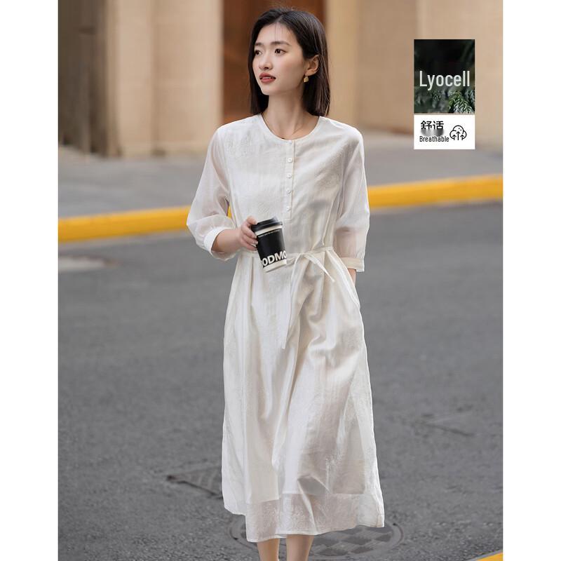 Demana Lyocell Embroidered Belted A-Line Midi Dress L