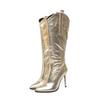 Silver Gold Black Women's Western Boots Cowboy Knee High Boots Stiletto for Wide Calf Pointed Toe 11cm High Heels Shoes