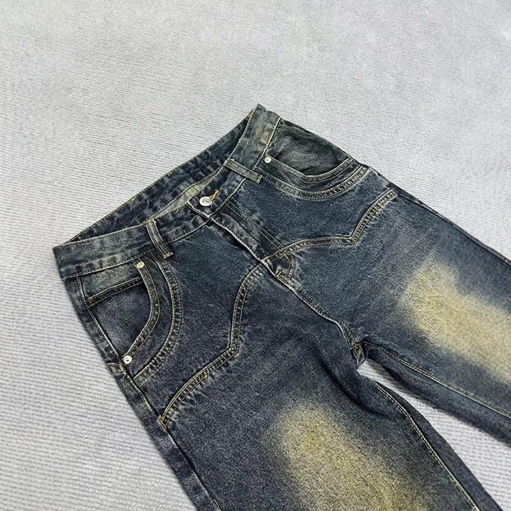 Retro Design Sense Splicing Wide-leg Tooling Jeans Men's and Women's Loose Spring and Autumn Mid-waist Thin and Slightly Straight-leg Pants