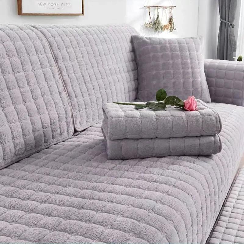 

Winter Thick All Inclusive Combination Sofa Cover Plush Grid Texture Minimalist Slipcovers Flannel Anti Slip Couch Dust Cover 70x70cm
