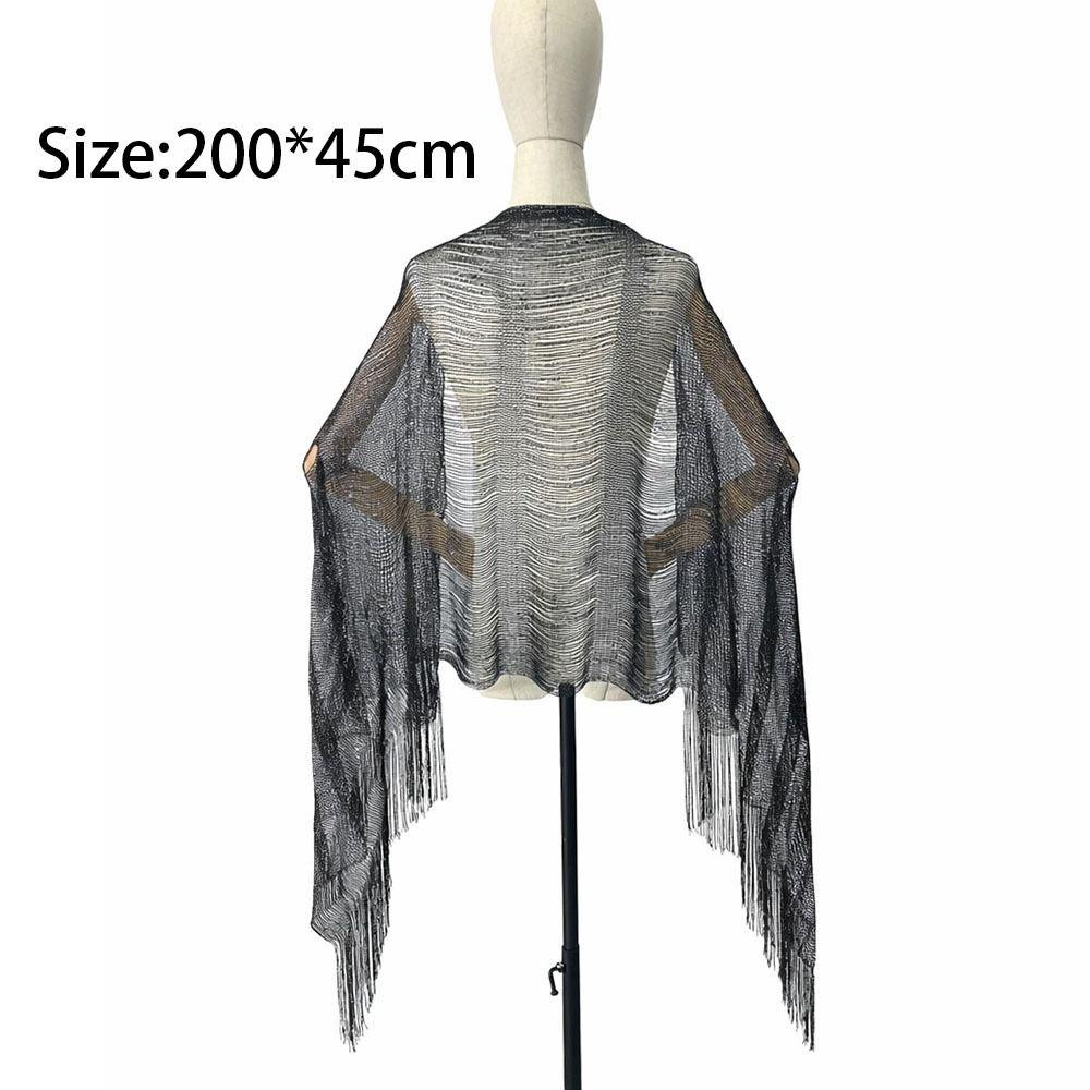 High Quality Hollow Out Tassel Shawl Polyester Shinning Silk Shawl Tassel Comfortable Sunscreen Cover Evening Dress