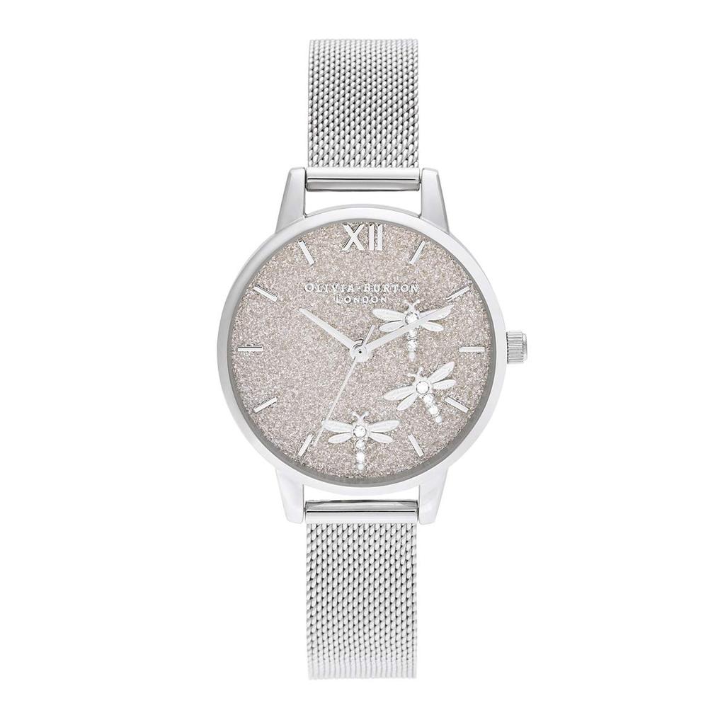 OLIVIA BURTON Dancing Dragonfly Watch with Brushed Glitter Dial and Silver 30mm Women's Mesh, (ob16gb02) [Authorized Retailer]