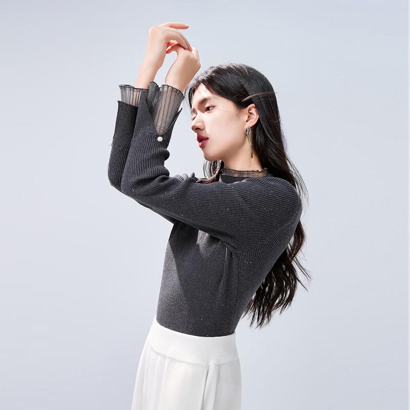 Elegant Mesh Panel Semi-High Neck Knit Top