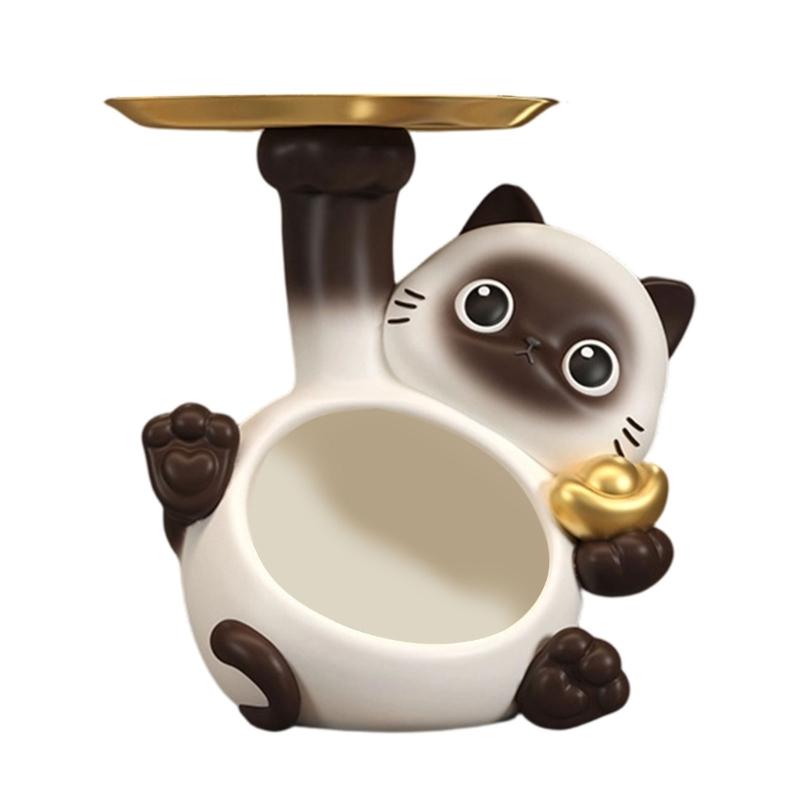 Multifunctional Resin Siamese Cats Statue Desktop Ornament for Key Storage Tray Decorative Display and Housewarming Gift