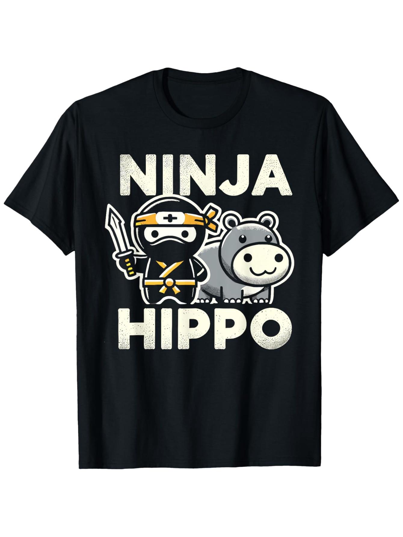Мужская футболка с графическим принтом Ниндзя Бегемот  Смешной дизайн в стиле аниме Ниндзя с Бегемотом  Принт маски ниндзя Свободный крой Повседневная с коротким рукавом Круглый вырез S