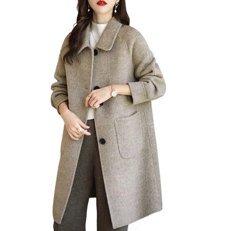 2026 Women's Petite Plus Woolen Coat - Autumn/Winter, Thickened, Slimming, Korean Style, Mid-Length Overcoat