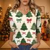 Women's Christmas Print V-Neck Three-Quarter Sleeve Loose Fit Casual Shirt for Everyday Wear
