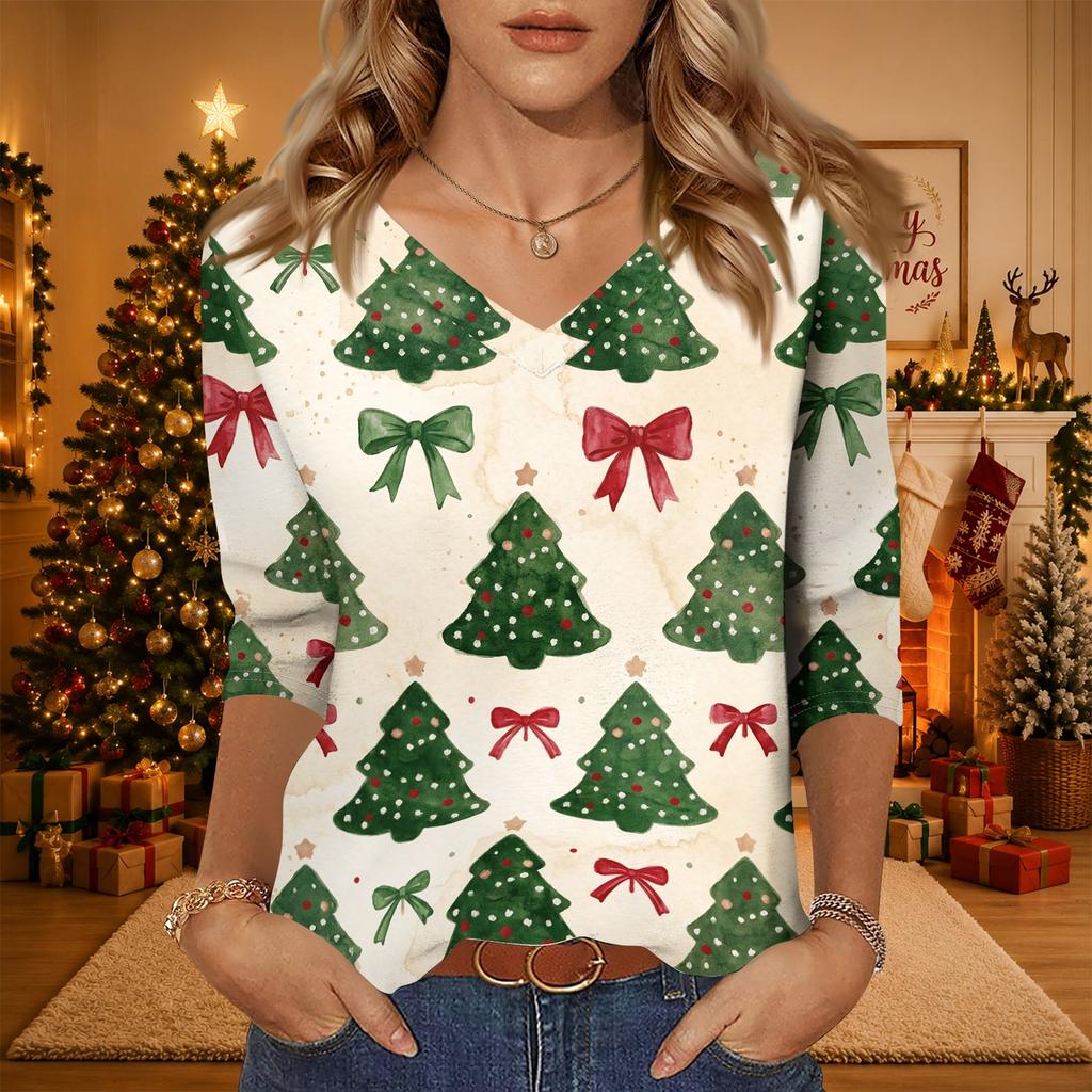 Women's Christmas Print V-Neck Three-Quarter Sleeve Loose Fit Casual Shirt for Everyday Wear
