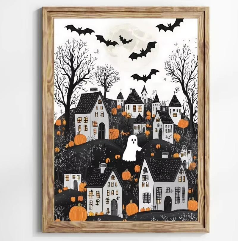 Stampa su Poster Foresta Gatto Nero Fantasma Fiori Selvatici Pittura su Tela Zucca Halloween Spettrale Arte Dark Academia Stanza Arredamento Casa