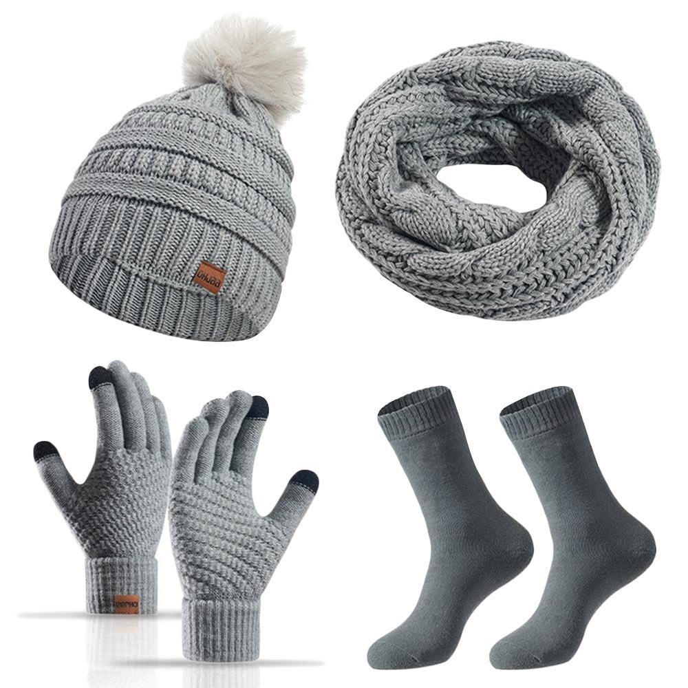 4Pcs/Set Ear Protection Knitted Hat Soft Touchscreen Gloves Winter Winter Warm Mitten  for Men Women