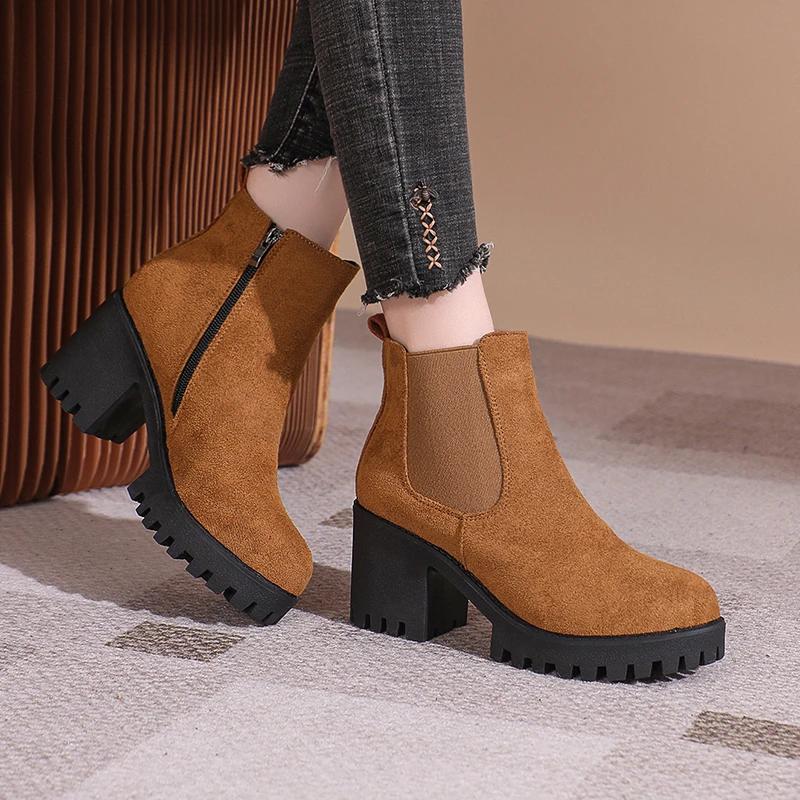 Fashion 2024 Women Designer Elegant Platform Round Toe Zipper Ankle Boots Women Autumn Winter Comfy Platform Short Boots Shoes for Women