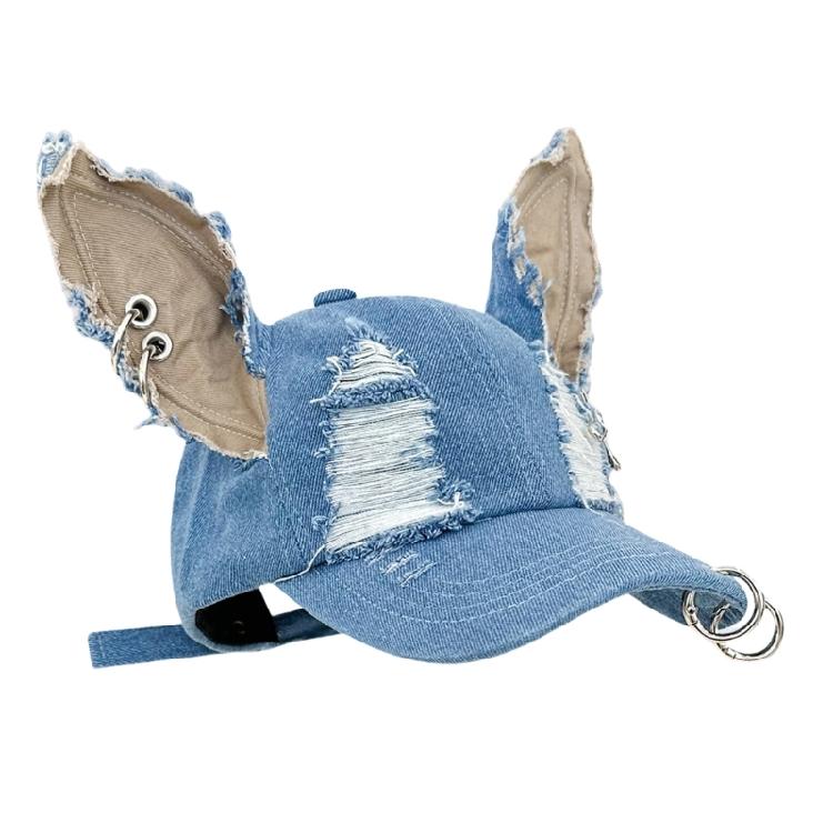 Grunge-Hut für Damen, verstellbarer Riemen, Used-Look-Trucker-Cap mit Hundeohren und Metallringen, Punk-Kopfbedeckung für Musikfestivals