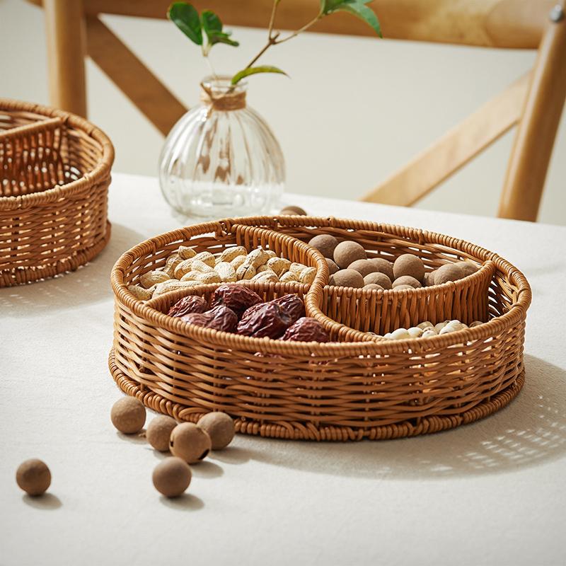 Plastic Rattan Food Fruit Tray Plate Handwoven Storage Basket Picnic Afternoon Tea Snack Plate Kitchen Compartment Tray